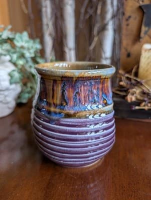 Marc Lemieux Black Dog Pottery Studio Art Stoneware Vase Purple Cobalt Drip 4.5" - Thumbnail 7