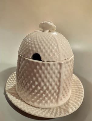 Vintage Jelly Jar Pot w/ Attached Plate & Rose Lid Cream Pineapple Texture Japan - Thumbnail 3