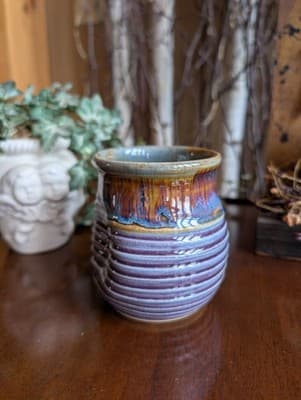 Marc Lemieux Black Dog Pottery Studio Art Stoneware Vase Purple Cobalt Drip 4.5" - Thumbnail 5