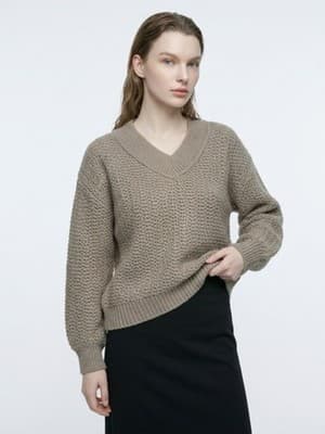 SO Beige Chunky-Knit V-Neck Pullover Long Sleeve Regular Pullover Sweater M - Image 1
