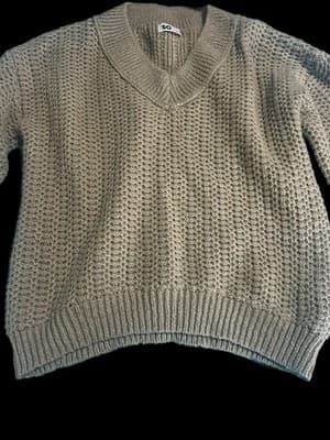 SO Beige Chunky-Knit V-Neck Pullover Long Sleeve Regular Pullover Sweater M - Thumbnail 2