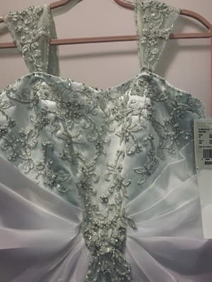 S Satin A-Line Cap Sleeve Wedding Dress White Size 10 Scoop Neck Train - Thumbnail 5