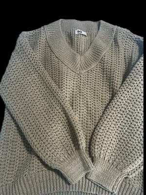 SO Beige Chunky-Knit V-Neck Pullover Long Sleeve Regular Pullover Sweater M - Thumbnail 4