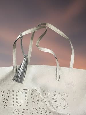 Victoria's Secret White Tote Bag with Silver Tassel and Logo - Thumbnail 2