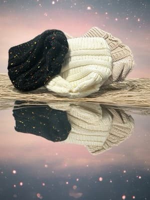 Women's Acrylic Knit Beanie Hat Set, Black Ivory Beige, One Size, Stretch - Image 1