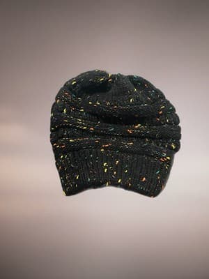 Women's Acrylic Knit Beanie Hat Set, Black Ivory Beige, One Size, Stretch - Thumbnail 2