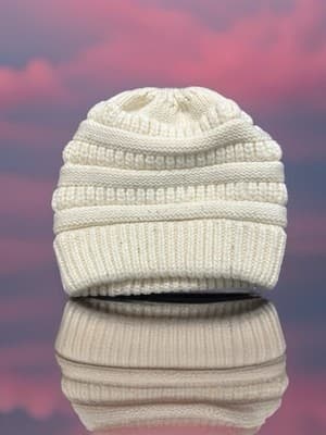 Women's Acrylic Knit Beanie Hat Set, Black Ivory Beige, One Size, Stretch - Thumbnail 3