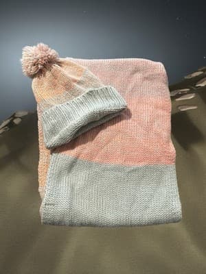 Knit Pink and Gray Crib Blanket Set with Pom-Pom Hat, Soft Baby Nursery Bedding - Image 1