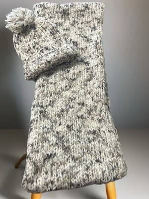 Women's Knit Scarf and Pom-Pom Hat Set Acrylic Wool Gray White Marled - Image 1