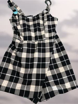 No Boundaries Juniors Plaid Sleeveless Romper M (7-9) Black White Polyester - Thumbnail 2