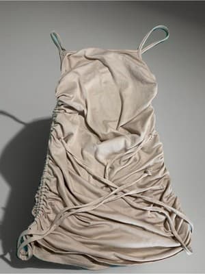 Beige Ruched Sleeveless Bodycon Dress Tie Closure Short Solid M Women - Thumbnail 2