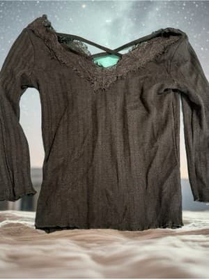 No Boundaries Black Knit Lace Criss-Cross V-Neck Blouse Juniors S Long Sleeve - Thumbnail 2