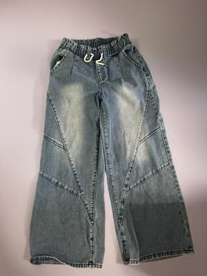 Women's Wide-Leg Denim Jeans Drawstring Waist 5-Pocket Design Blue - Thumbnail 3