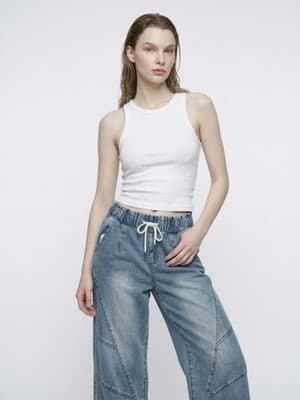 Women's Wide-Leg Denim Jeans Drawstring Waist 5-Pocket Design Blue - Image 1