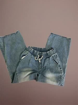 Women's Wide-Leg Denim Jeans Drawstring Waist 5-Pocket Design Blue - Thumbnail 2