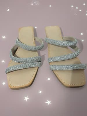 Rhinestone Strappy Silver Beige Slip-On Flat Open Toe Sandals for Women - Thumbnail 2