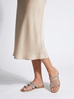 Rhinestone Strappy Silver Beige Slip-On Flat Open Toe Sandals for Women - Image 1