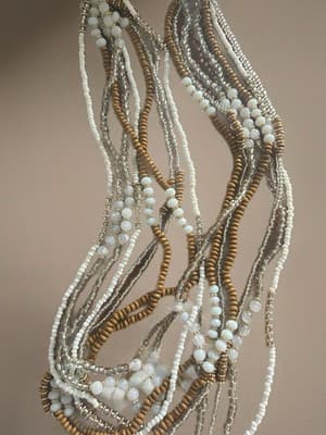 Layered Beaded Glass and Wood Necklace White Brown Silver Multi-Strand - Thumbnail 2