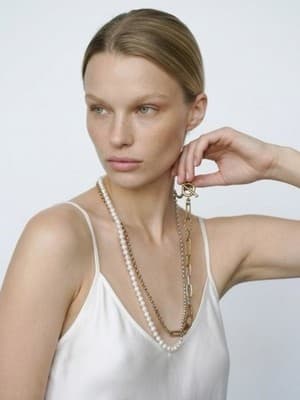 Mixed Metal Beaded Chain Necklace Gold Silver Tone Modern Design - Image 1