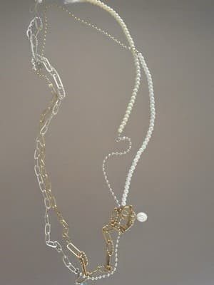 Mixed Metal Beaded Chain Necklace Gold Silver Tone Modern Design - Thumbnail 2