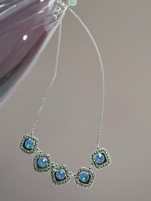 Statement Silver Tone Necklace with Blue Round Stones and Square Pendants - Thumbnail 2
