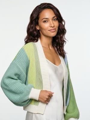 Chunky-Knit Colorblock Open Cardigan Sweater 100% Polyester Green Blue M Women - Image 1