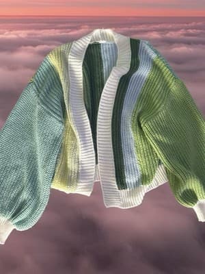 Chunky-Knit Colorblock Open Cardigan Sweater 100% Polyester Green Blue M Women - Thumbnail 2