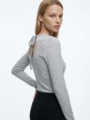 DIVIDED Gray Knit Tie Back Long Sleeve Round Neck Women's Top XS - Image 1