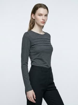 Ivory Black Pleated Crew Neck Women's Blouse Long Sleeve Solid Set of 2 - Thumbnail 4