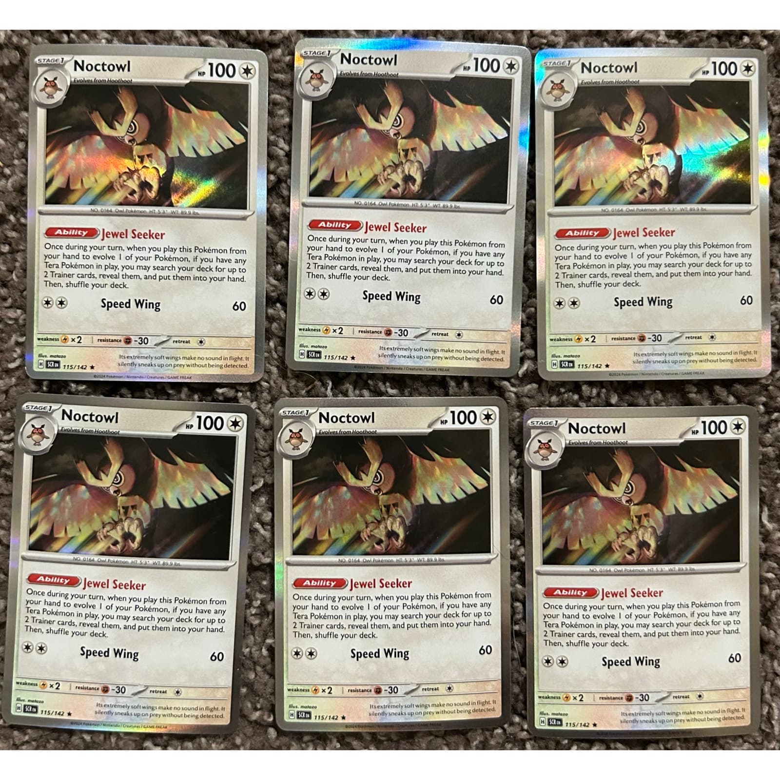 Noctowl Stellar Crown Pokemon #115/142 Holo Rare X6 - Image 1