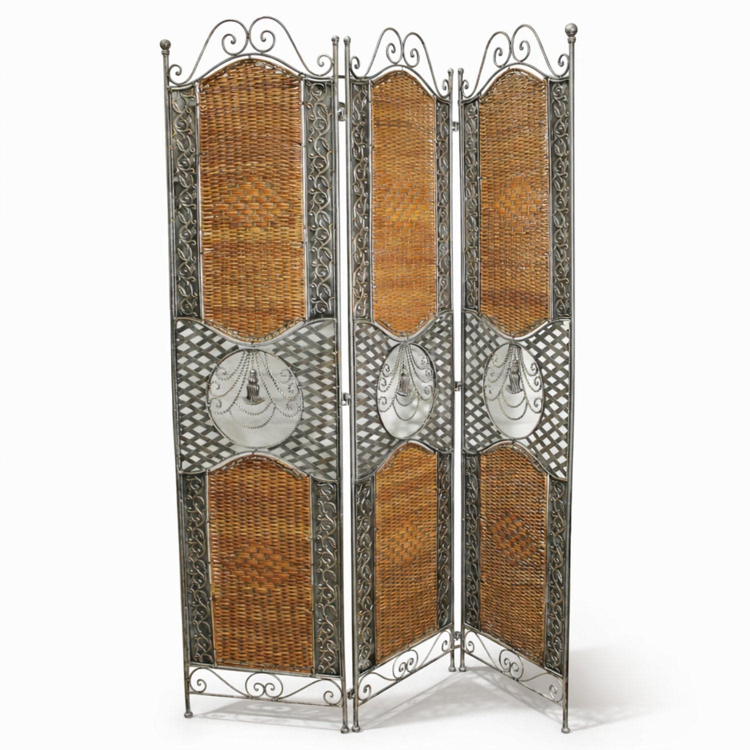 3 Panel Wicker & Metal Room Divider - Image 1