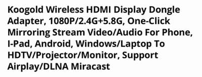 Koogold Wireless HDMI Display Dongle Adapter, 1080P/2.4G+5.8G, One-Click - Thumbnail 2
