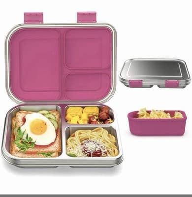 Stainless Steel Bento Box Kids, 3 Compartments Leak Proof Metal Bento Lunch B... - Image 1