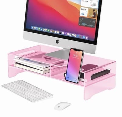 Pink 2-Tier Monitor Stand Riser Adjustable Desktop Organizer 2 Pack - Image 1