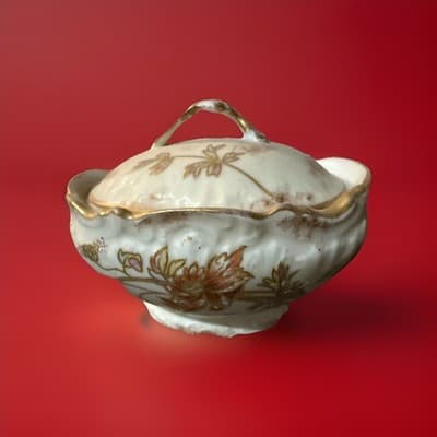 Antique Limoges Porcelain Floral Covered Sugar Bowl With Gold Gilt - Image 1