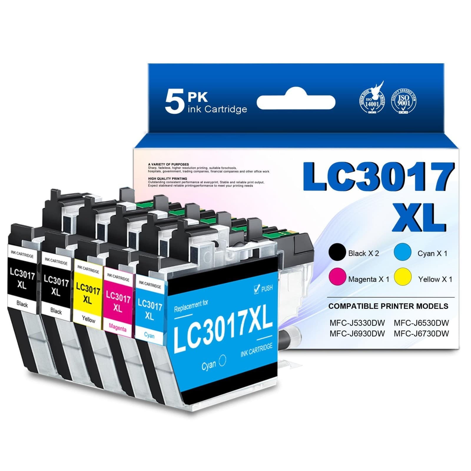 WINDLEAO LC3017XL High Yield Ink Cartridges 5 Pack (Includes 2 Black 1 Cyan, 1 M - Image 1