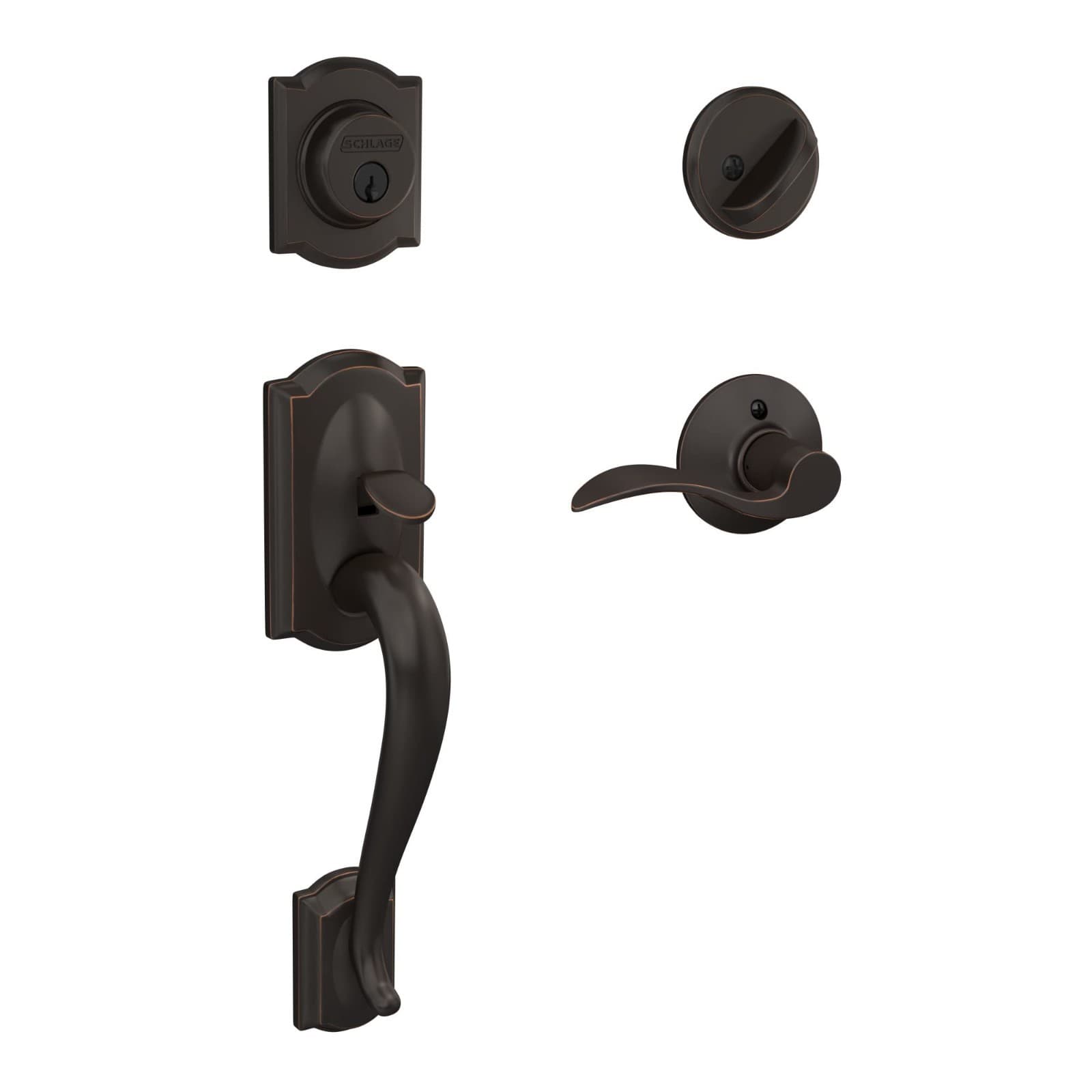 Schlage F60 V CAM 716 ACC Camelot Front Entry Handleset with Accent Lever, Deadb - Image 1