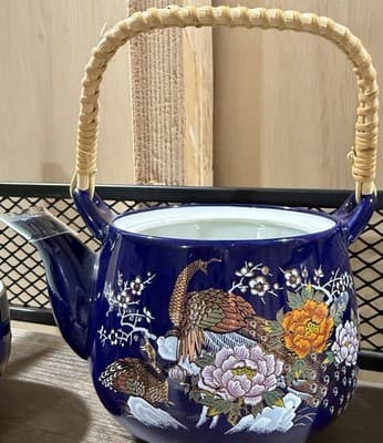 Vintage Pier 1 Japan Teapot Cobalt Blue Gold Trim Peacock Braided Handle - Image 1