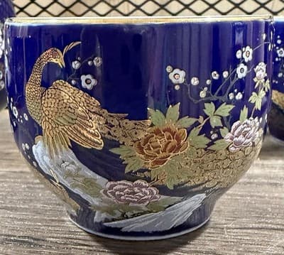 Vintage Pier 1 Japan Cobalt Blue Gold Peacock Tea Set Cups - Thumbnail 3
