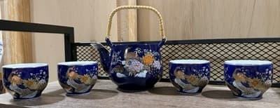 Vintage Pier 1 Japan Teapot Cobalt Blue Gold Trim Peacock Braided Handle - Thumbnail 2