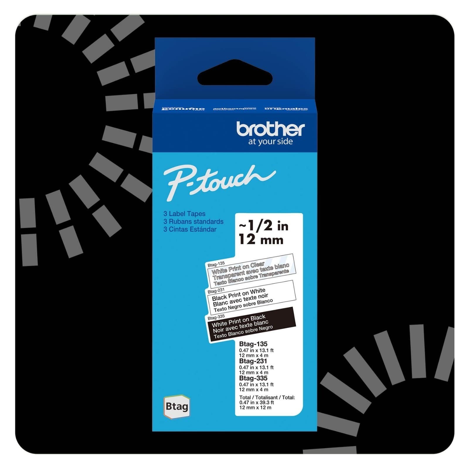 Brother Genuine P-Touch Btag BTAG231 Black on White Label Tape ~1/2In by 13.1Ft - Image 1