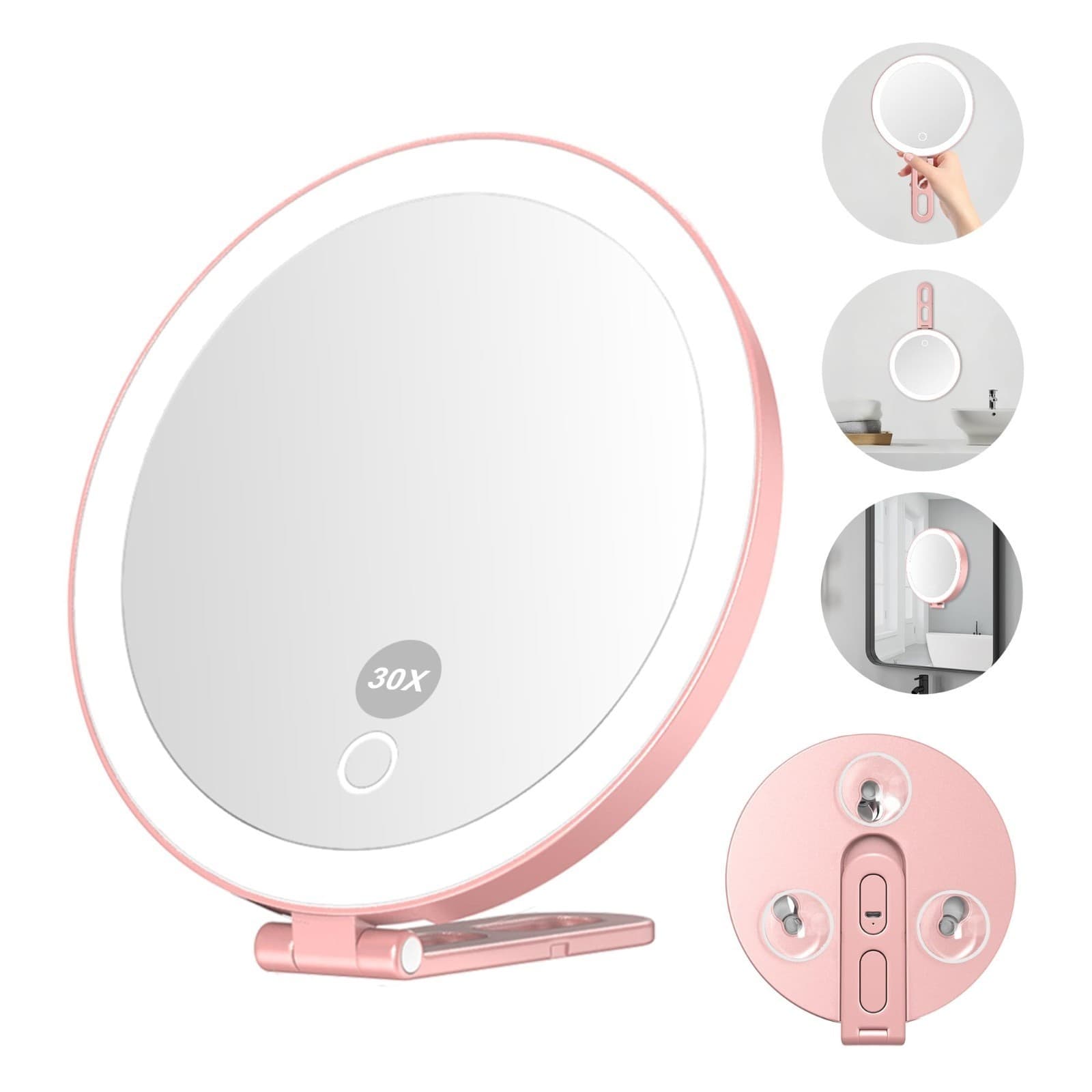 Mocado 30x Magnifying Mirror with Light, 6" Travel Magnifying Mirror with 3 Suct - Image 1