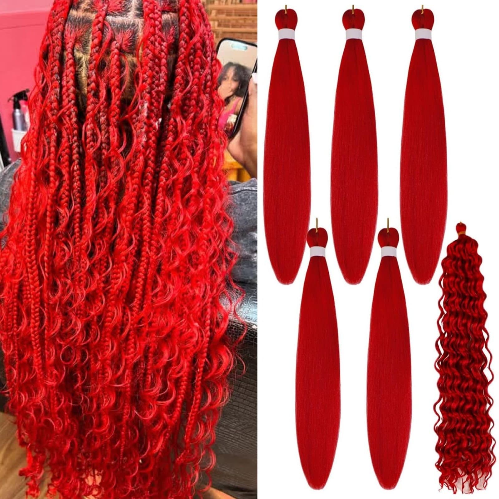 Bright Red Braiding Hair Pre stretched for Boho Braids Boho Braiding Hair with B - Image 1