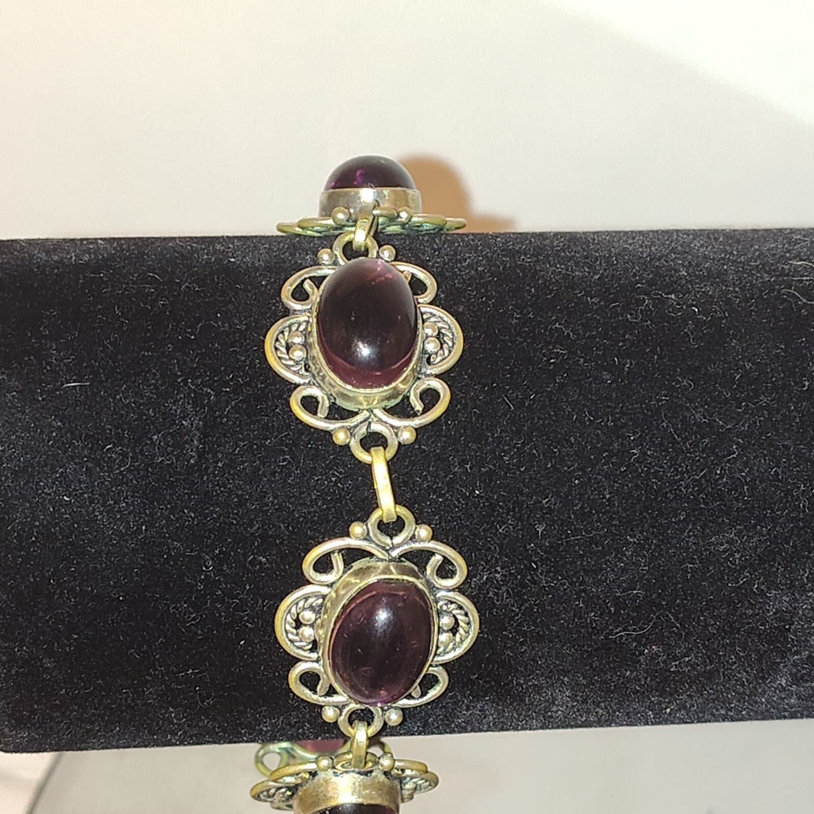 Art DECO STERLING SILVER AMETHYST FILIGREE 4 LINK BRACELET 7.25" Victorian Vtg - Thumbnail 2