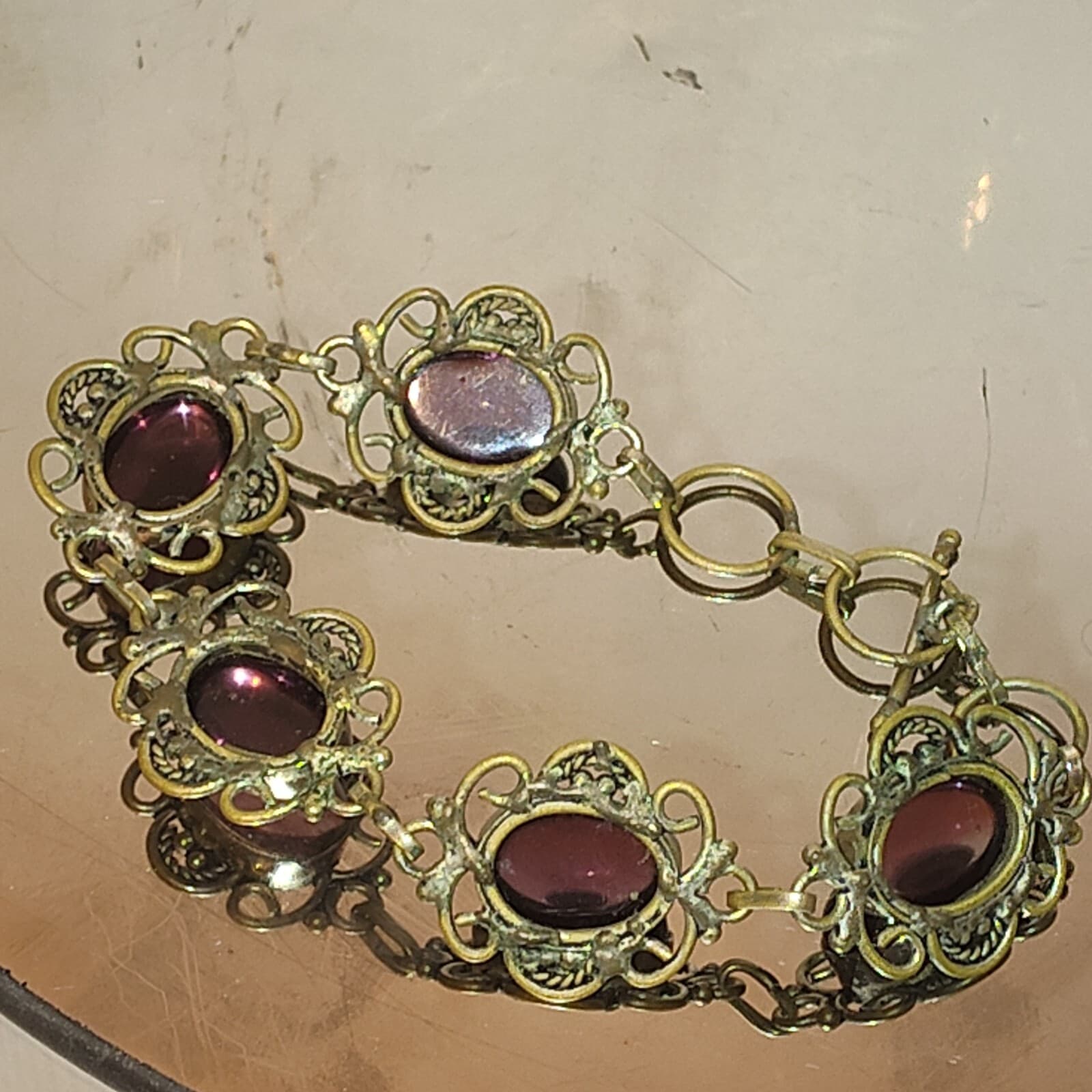 Art DECO STERLING SILVER AMETHYST FILIGREE 4 LINK BRACELET 7.25" Victorian Vtg - Thumbnail 4