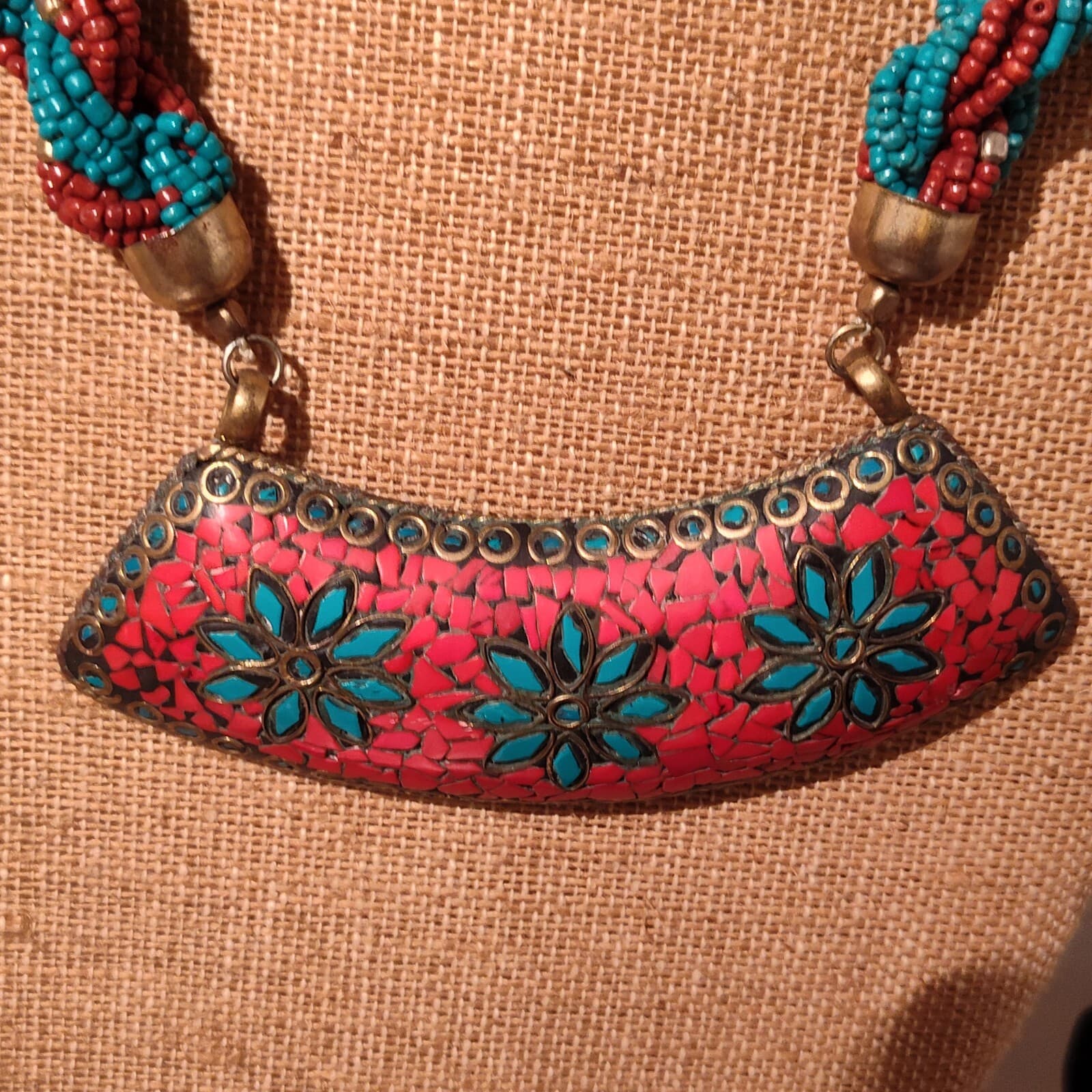 28CM Old Tibet Natural Coral Turquoise Bronze Exorcism Amulet Pendant Necklace - Thumbnail 2