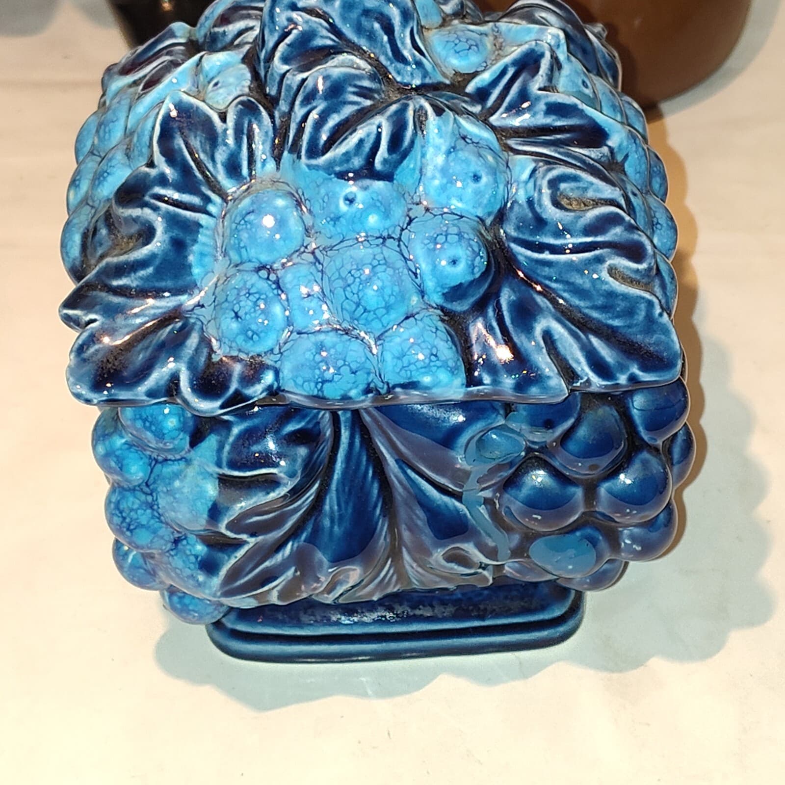 Vintage Inarco Mood Indigo Blue Ceramic Fruit Cookie Jar Japan - Thumbnail 4