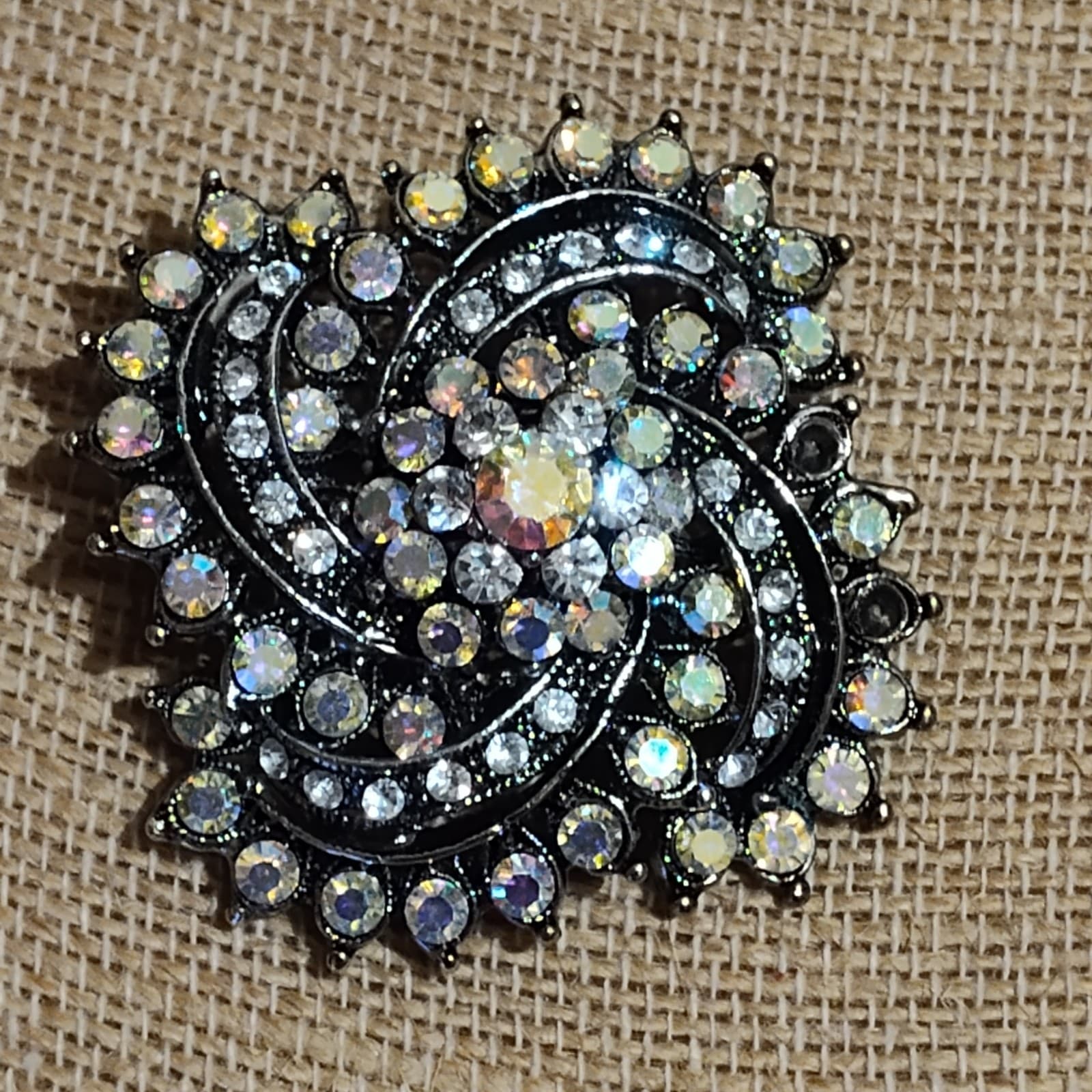 Aurora Borealis AB Rhinestone Swirl Pin Brooch Pendant 2" x 2" Vintage - Image 1