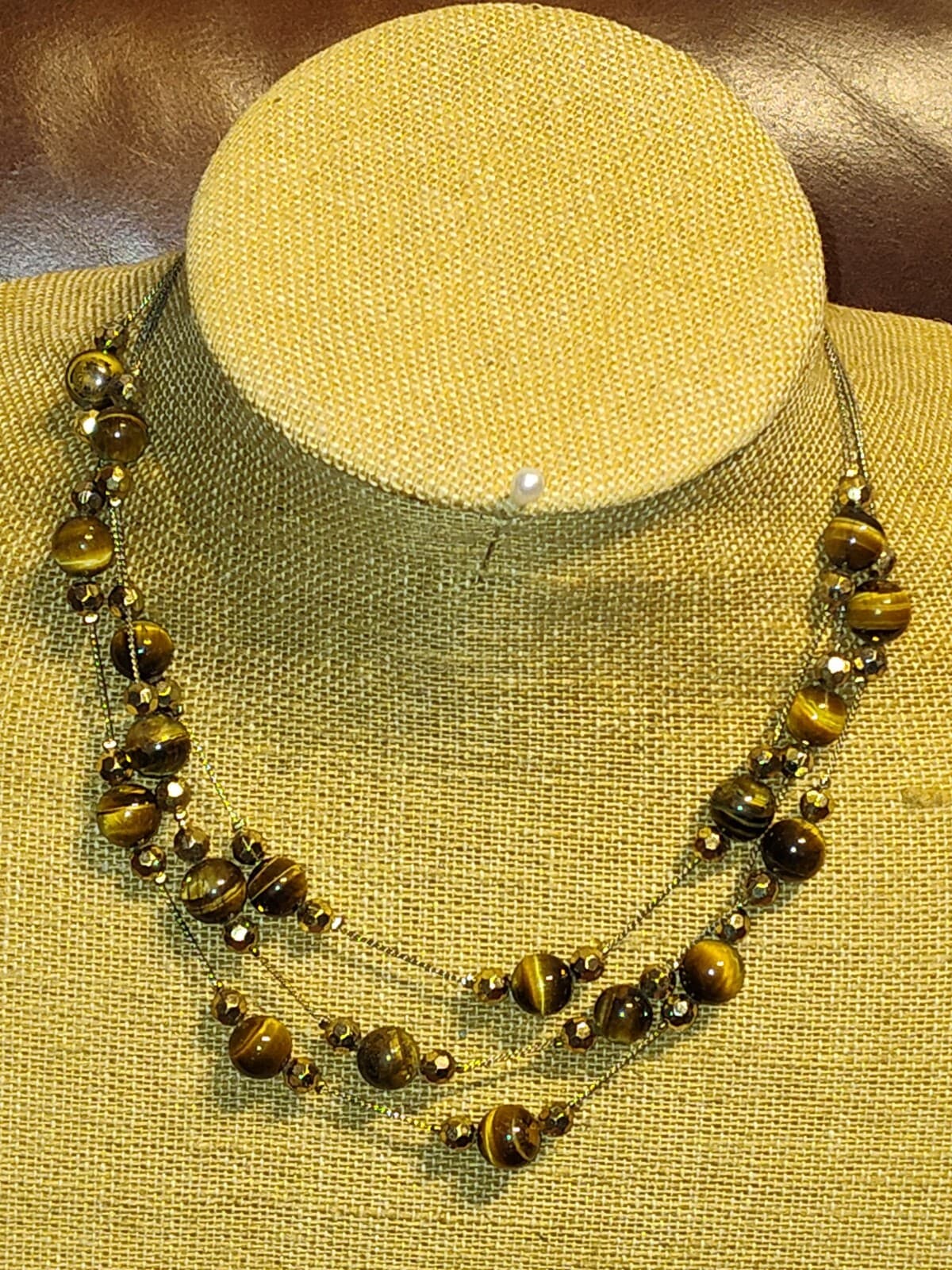 Vtg Multi strand Tiger Eye beaded necklace w/goldtone accents - Image 1