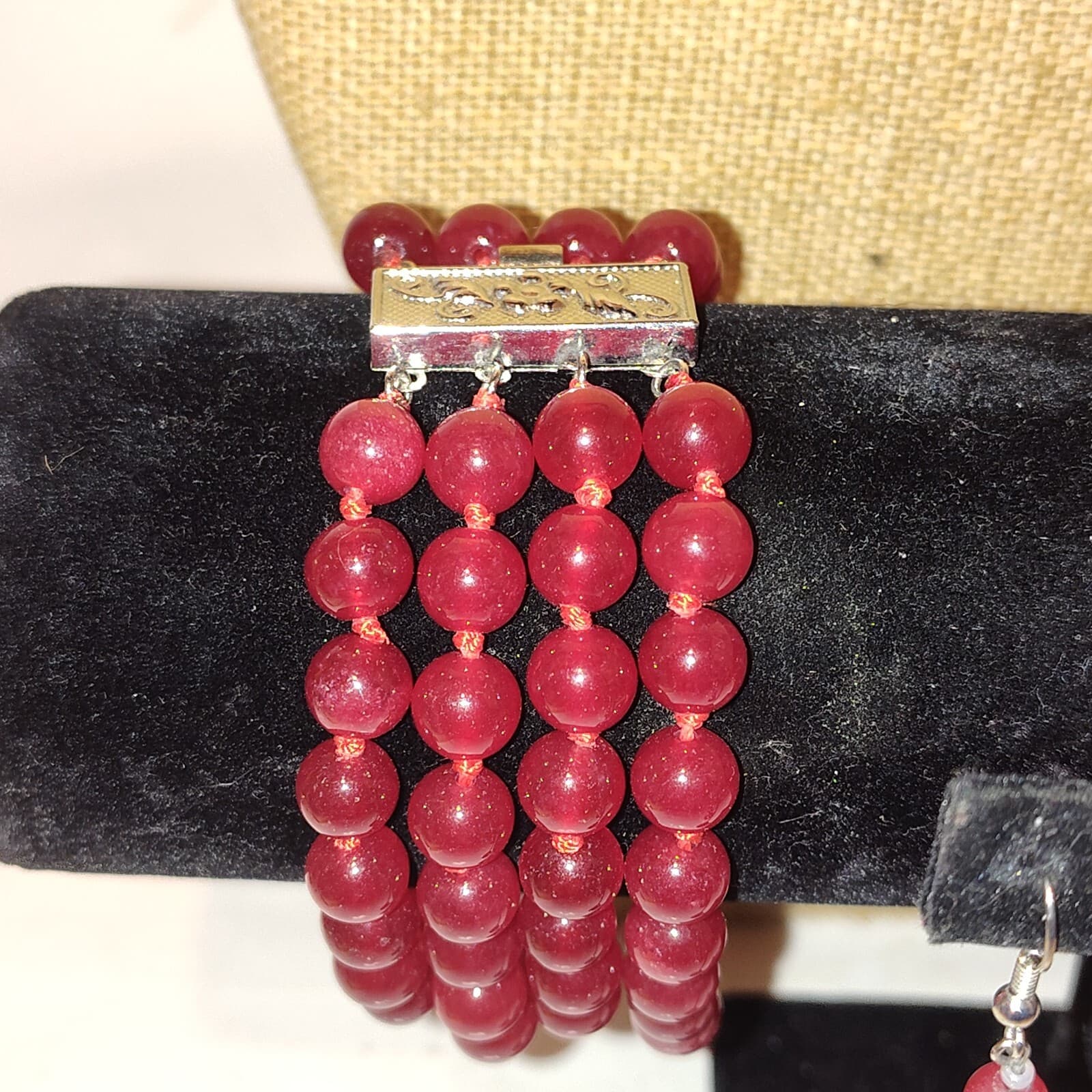 8mm Red Chalcedony beaded Set Necklace, bracelet & Earrings silver Spacers - Thumbnail 3